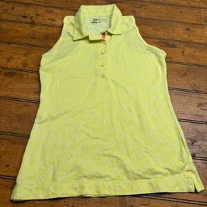 Nike Golf Women Sleeveless Polo Shirt Yellow All Over Logo Print Size S‎ Dri Fit